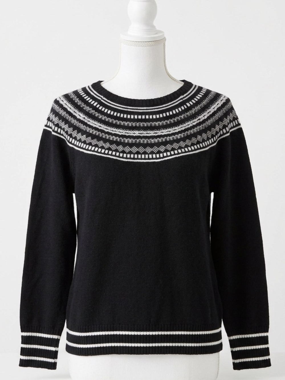 Talbots Fair Isle Crewneck Cotton Blend Sweater Black White Nordic Large Petite